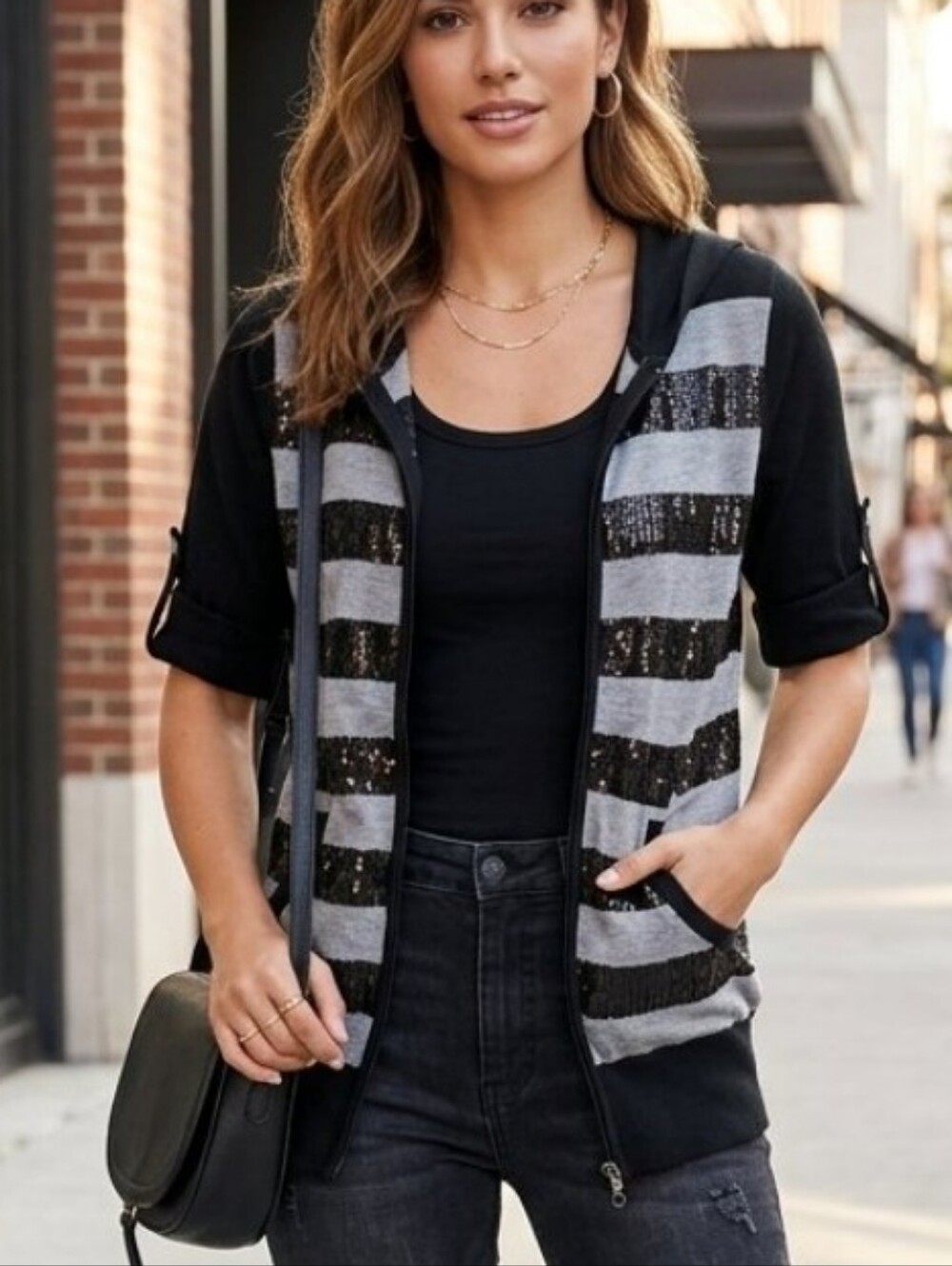 VEEKO Black & Gray Sequin Stripe Zip-Up Hooded Top SZ F(S-M)